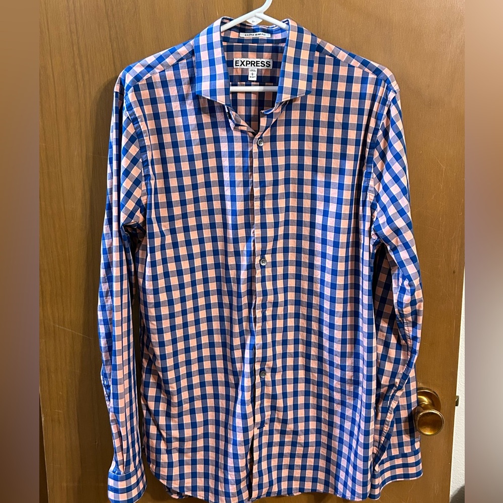 Express Men’s Blue Pink Gingham Button Down Shirt Extra‎ Slim Fit Size Large